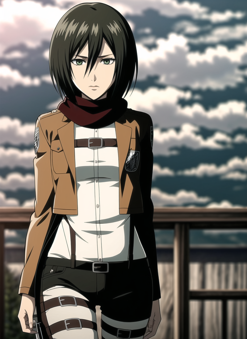 31076242-3690578511-aot style, shingeki no kyojin,__mikasa ackerman,__1girl, arm strap, bangs, black hair, black pants, breasts, cowboy shot, embers.png